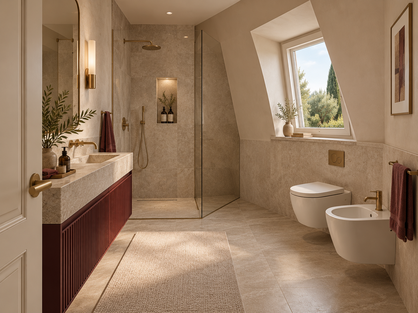 Salle de bains de Villa Rocca, avec finitions claires, détails dorés et meuble vasque bordeaux. Visualisation du projet.